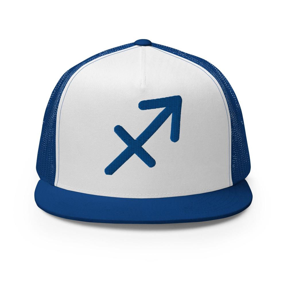 Sagittarius Zodiac Embroidered Flat Bill Trucker Hat - Blue/White/Blue Color - https://ascensionemporium.net